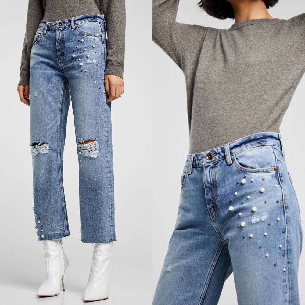 Zara Pearl Bead Distressed Blue Straight Leg Jean